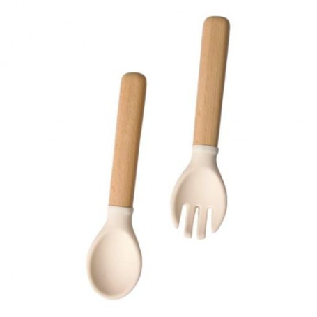 Приборы силиконовые детские OldBro ложка и вилка с деревянной ручкой, milk (1244113)