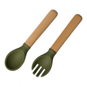 Приборы силиконовые детские OldBro ложка и вилка с деревянной ручкой, olive (1244163)