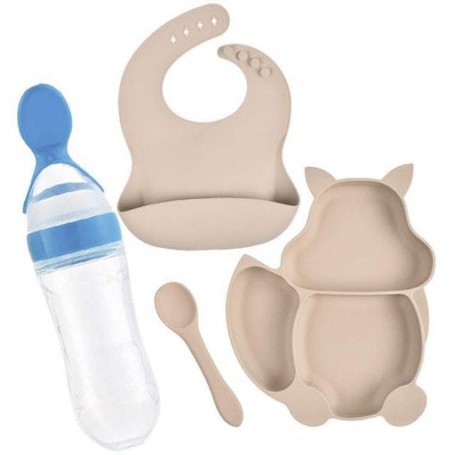 Набір 2Life Y24 силіконова 3-х секційна тарілка, слинявчик, ложка, пляшка-ложка Бежевий (vol-10014) (1251234)