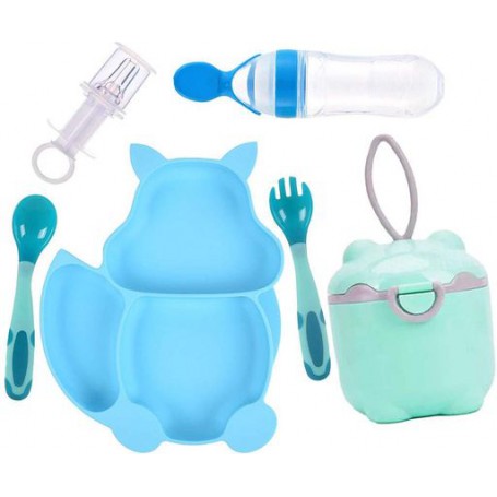 Набір 2Life Y9 силіконова тарілка-білка, ложка, контейнери-снеки, шприц-дозатор, пляшка-ложка Блакитний (vol-10037) (1250691)