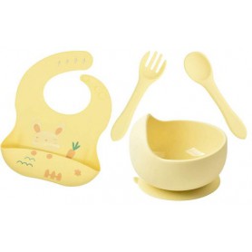 Набір 2Life тарілка для перших страв Y11,ложка та вилка, слинявчик з м'якого силікону зайчик Жовтий (vol-10300) (1251214)