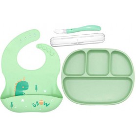Чотирисекційна силіконова тарілка прилади в кейсі слюнявчик силіконовий 2Life 3 предмети Зелений (vol-10276) (1250727)