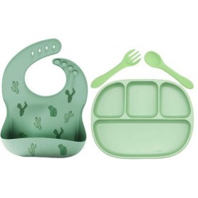 Чотирисекційна силіконова тарілка прилади в кейсі слюнявчик силіконовий 2Life 4 предмети Зелений (vol-10271) (1250745)