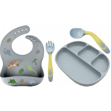 Чотирисекційна силіконова тарілка прилади в кейсі слюнявчик силіконовий 2Life 4 предмети Сірий (vol-10270) (1250744)