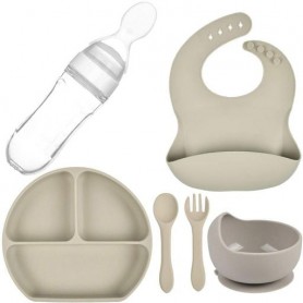Набір силіконова тарілка слинявчик тарілка для перших страв ложка вилка 2Life Y20 6 шт Бежевий (vol-9928) (1252369)