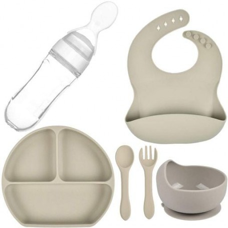 Набір силіконова тарілка слинявчик тарілка для перших страв ложка вилка 2Life Y20 6 шт Бежевий (vol-9928) (1252369)