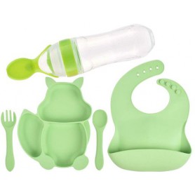 Набір силіконова секційна тарілка у формі білки слинявчик ложка вилка пляшка-ложка 2Life Y3 5 шт Зелений (vol-9930) (1252373)