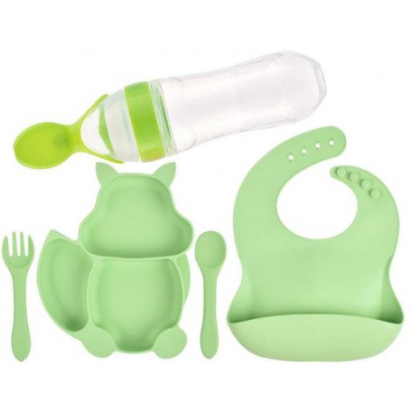 Набір силіконова секційна тарілка у формі білки слинявчик ложка вилка пляшка-ложка 2Life Y3 5 шт Зелений (vol-9930) (1252373)