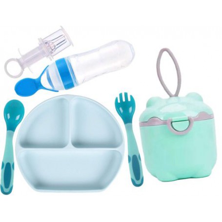 Набір 2Life Y5 силіконова тарілка, ложка, контейнери-снеки, шприц-дозатор, пляшка-ложка Блакитний (vol-10027) (1250690)