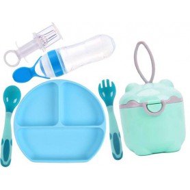 Набір 2Life Y9 силіконова тарілка, ложка, контейнери-снеки, шприц-дозатор, пляшка-ложка Блакитний (vol-10026) (1250689)