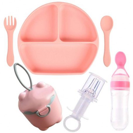 Набір силіконова тарілка ложка вилка контейнери-снеки шприц-дозатор пляшка-ложка 2Life Y12 6 шт Персиковий (vo-9905) (1252094)