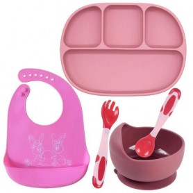 Набір силіконового посуду 2Life тарілка D5 слинявчик Зайчики термочутливі прилади та супниця Y16 vol-10359 (1250741)