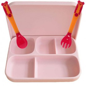 Силіконова п'яти-секційна тарілка з кришкою та ложка вилка змінює форму 2Life А2 3 предмети Рожевий (vol-10746) (1251016)