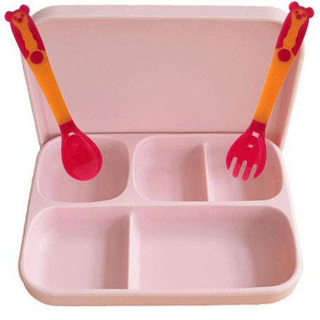 Силіконова п'яти-секційна тарілка з кришкою та ложка вилка змінює форму 2Life А2 3 предмети Рожевий (vol-10746) (1251016)