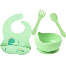 Набір 2Life кругла тарілка Y3 для перших страв ложка та вилка силіконовий слинявчик дракончик Зелений vol-10353 (1251215)