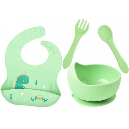 Набір 2Life кругла тарілка Y3 для перших страв ложка та вилка силіконовий слинявчик дракончик Зелений vol-10353 (1251215)
