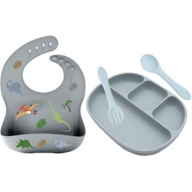 Чотирисекційна силіконова тарілка прилади в кейсі слюнявчик силіконовий 2Life 4 предмети Сірий (vol-10272) (1251251)