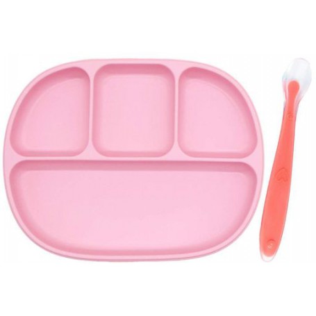 Дитяча чотирисекційна силіконова тарілка з присоскою та ложечка 2Life 700 мл Рожевий (vol-10236) (1251098)