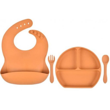 Набір силіконова тарілка три-секційна слинявка ложка вилка 2Life Y25 4 шт Помаранчевий (vol-9909) (1252332)