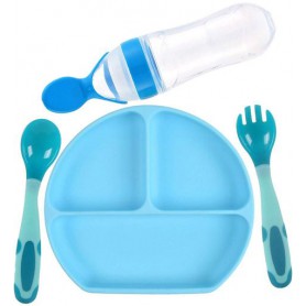 Набір силіконова трисекційна тарілка термочутлива ложка вилка пляшка-ложка 2Life Y9 4 шт Синій (vol-9920) (1251224)