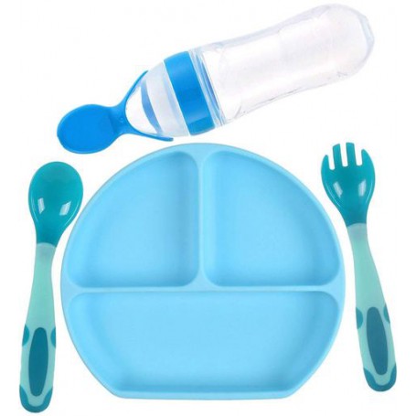 Набір силіконова трисекційна тарілка термочутлива ложка вилка пляшка-ложка 2Life Y9 4 шт Синій (vol-9920) (1251224)